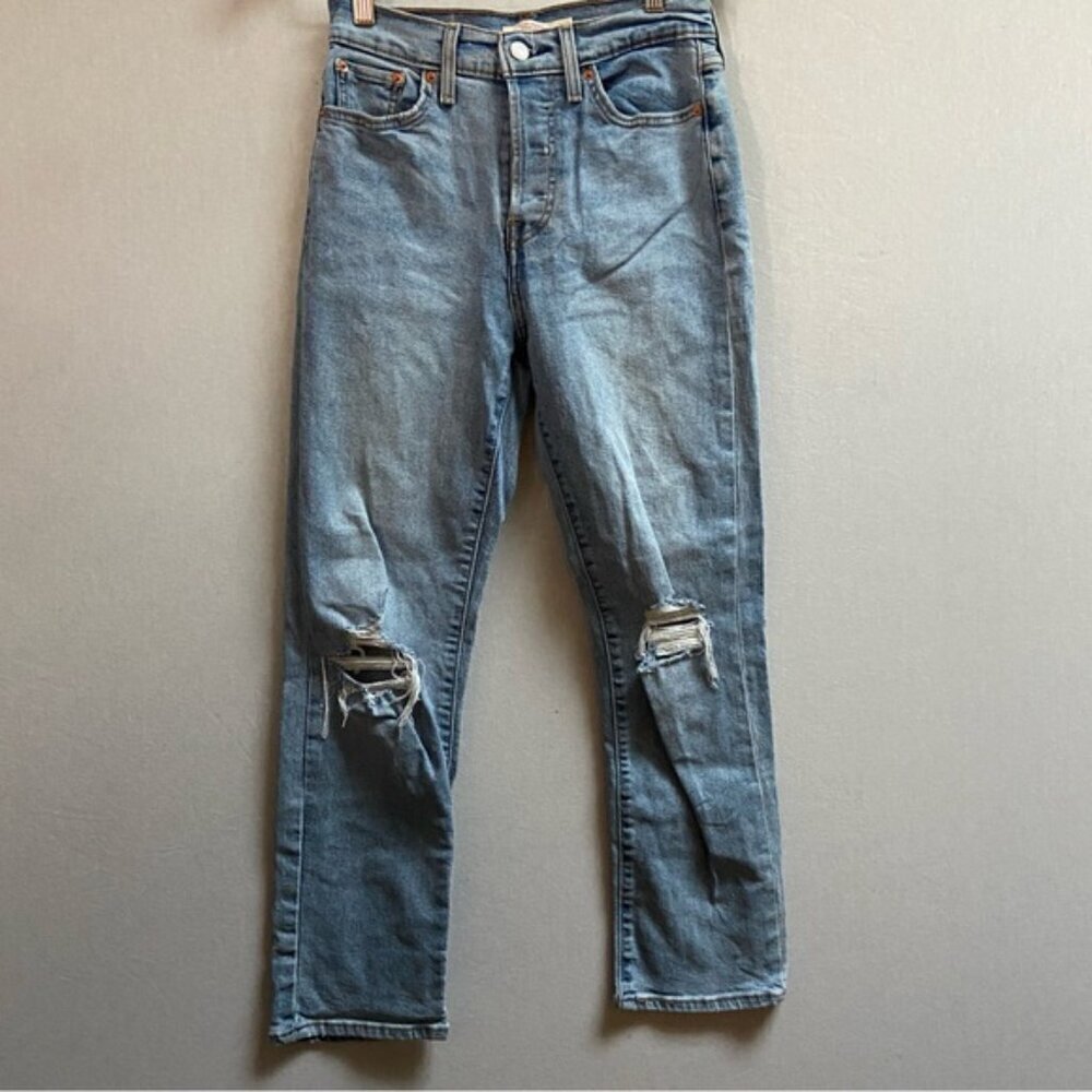 Levis Wedgie Straight Fringe Distressed Denim Button Fly High Rise Jeans Sz 26